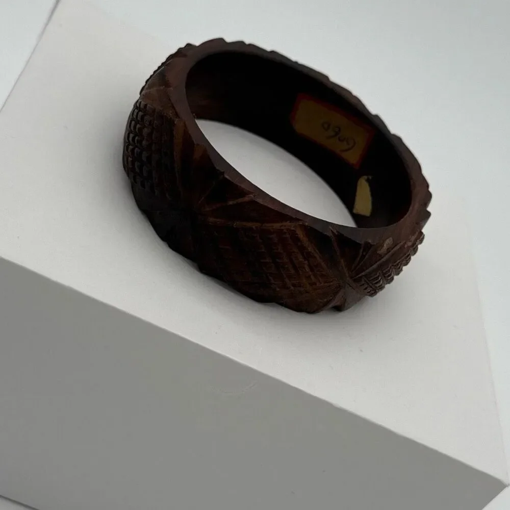 Vintage Carved Wood‎ Bangle Bracelet Wide Dark Brown Chunky Mid Century